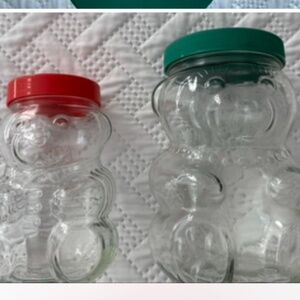 Kraft Peanut Butter Glass Bear Collector Jars Piggy Bank 1988 Red Green Lid Lot